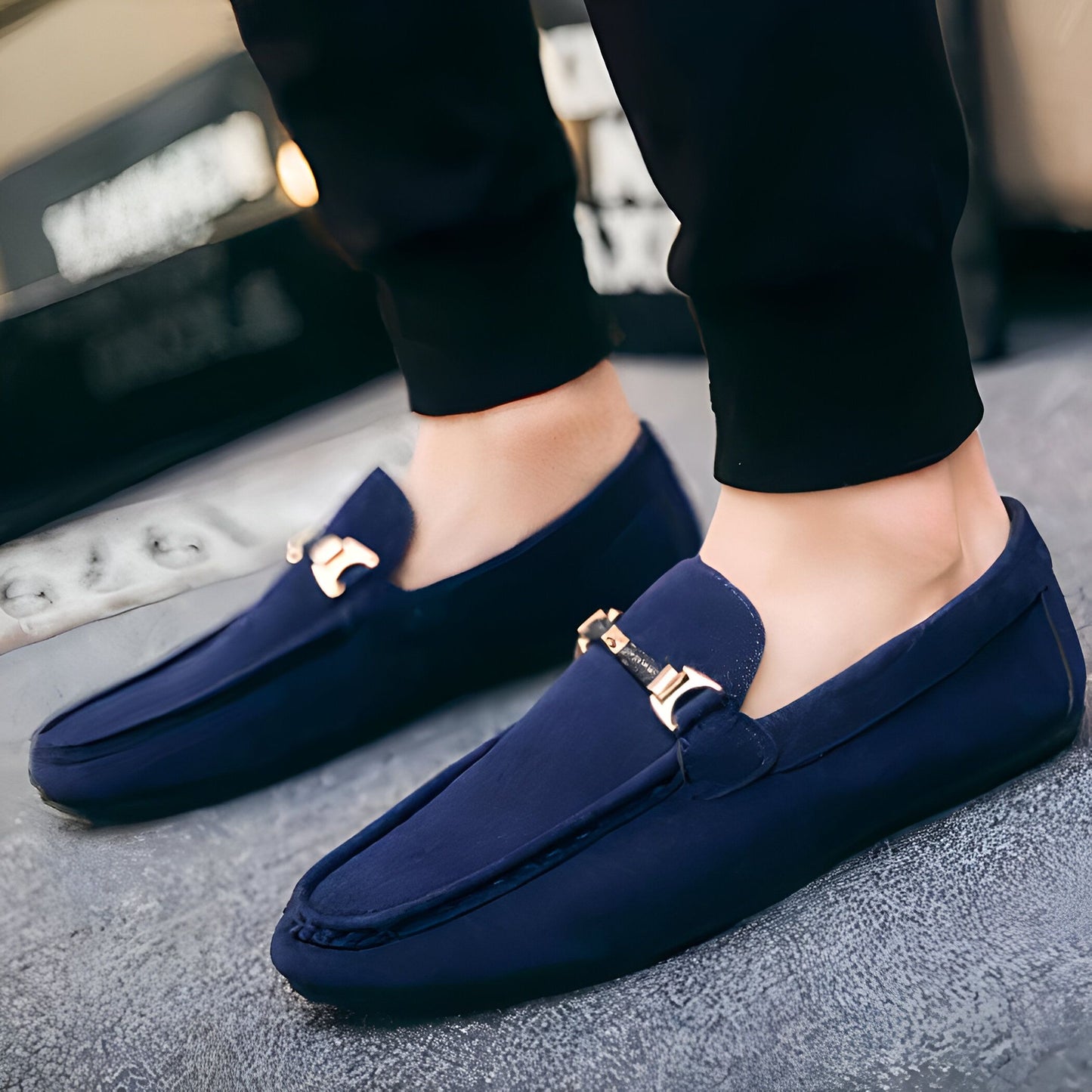 Mocassins Daim Bleu Marine Homme Boucle Dorée - Premium