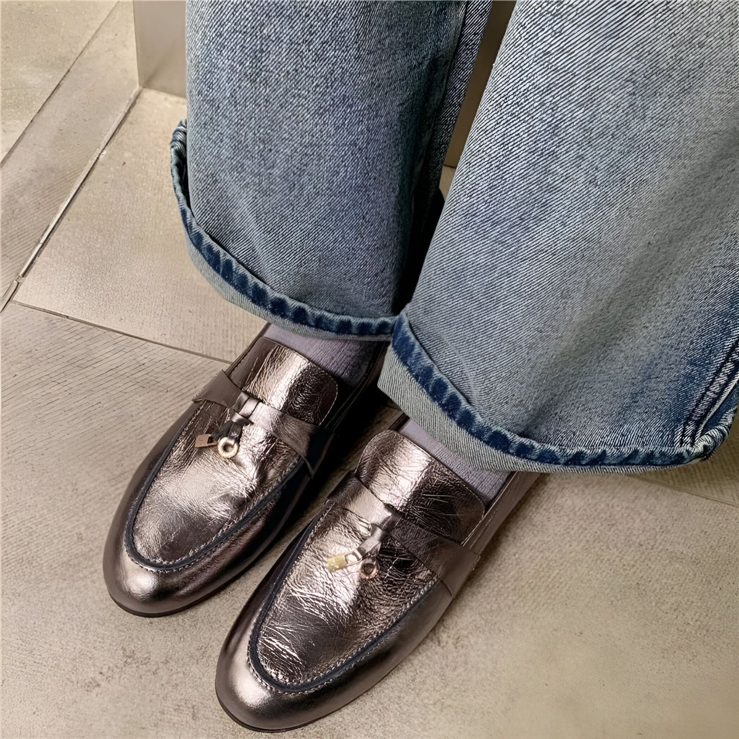 LuxMoc Mocassins Femme Cuir Argenté à Gland Élégant