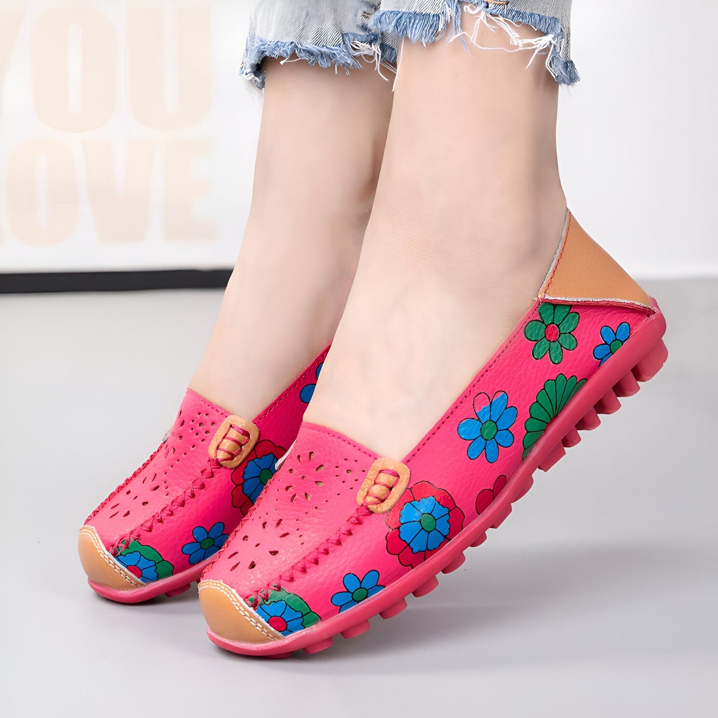Luna Mocassins Femme Cuir Véritable Imprimé Fleurs