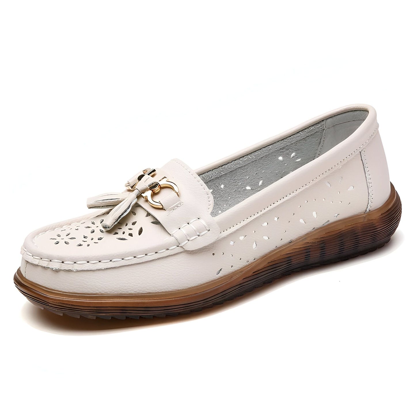 Luxe Mocassins Cuir Souple Femme Glands Blanc