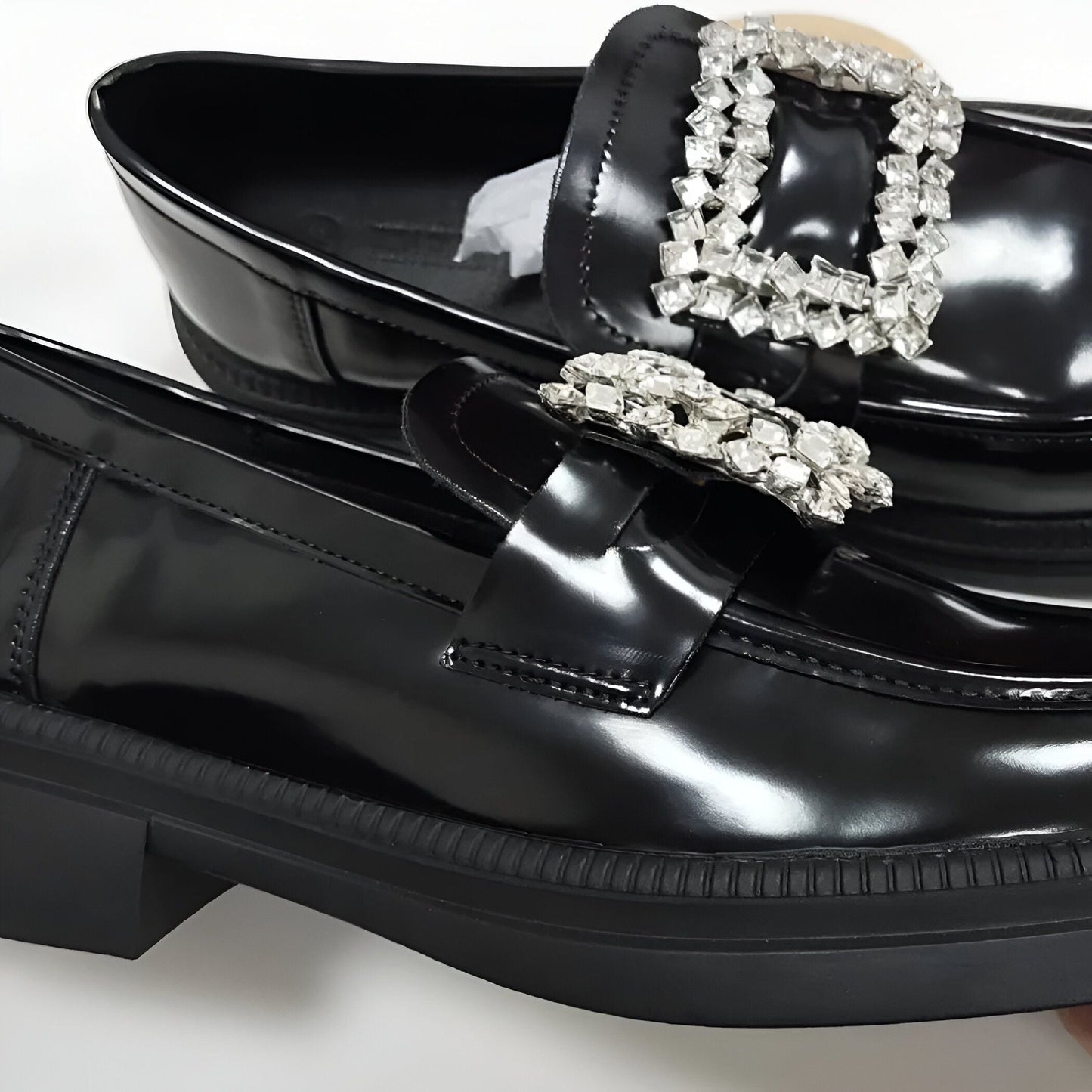 Mocassins Femme Noirs Vernis Boucle Strass Luxe