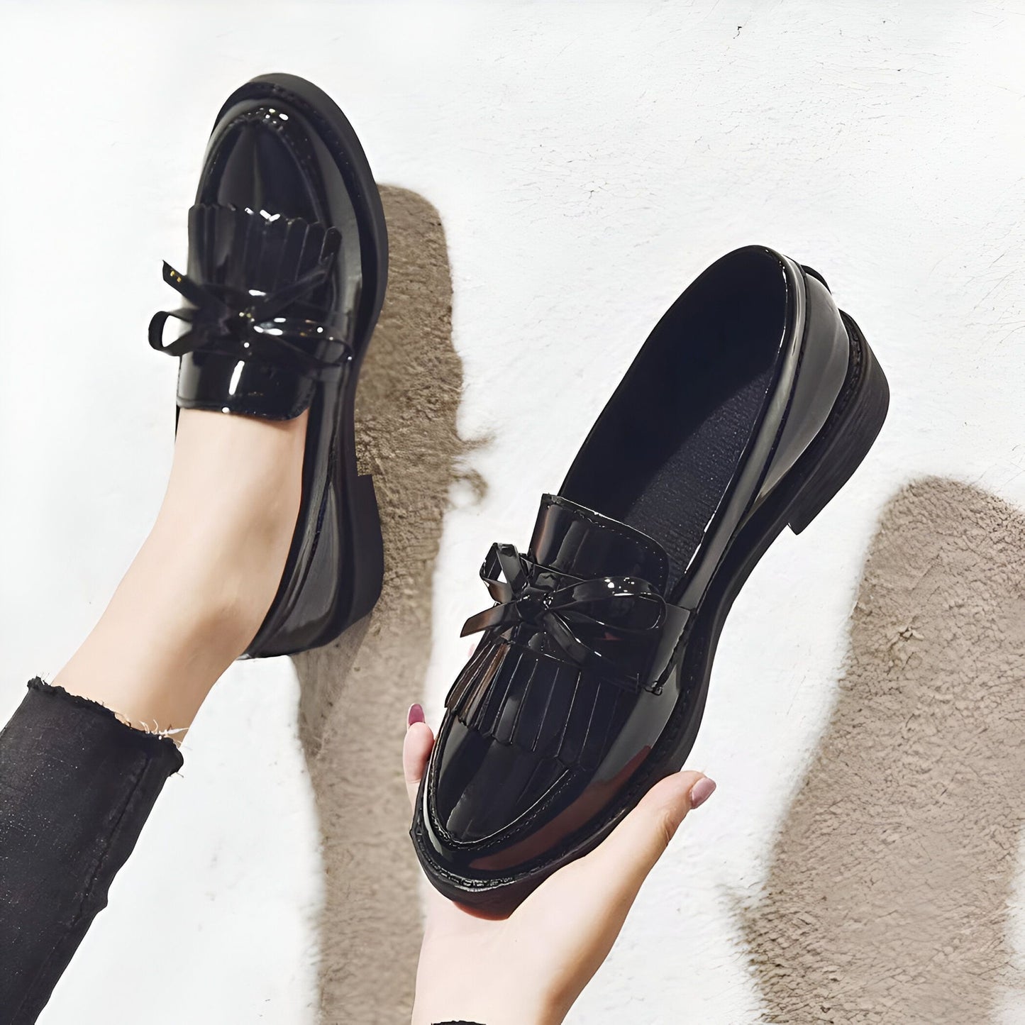 LuxMoc Mocassins Vernis Femme Franges Noirs Élégants
