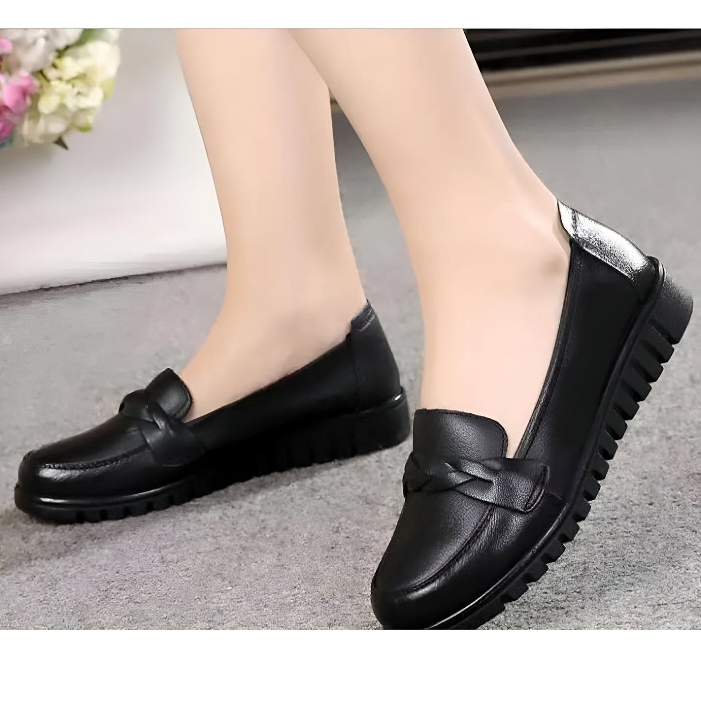 Élégance Mocassins Classiques Noirs Cuir Véritable Femme