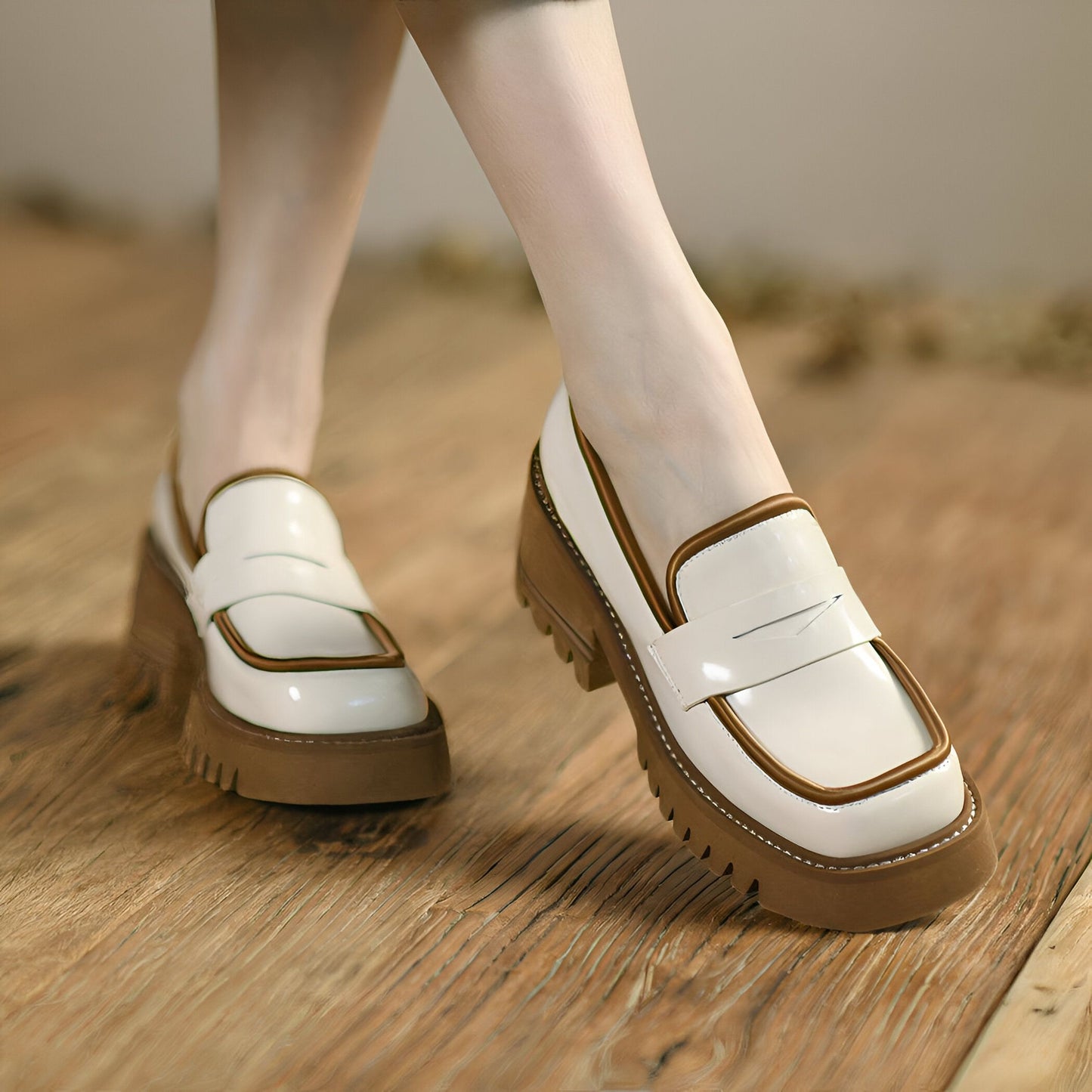 Mocassins Femme Végan Vernis, Plateforme Bicolore Luxe