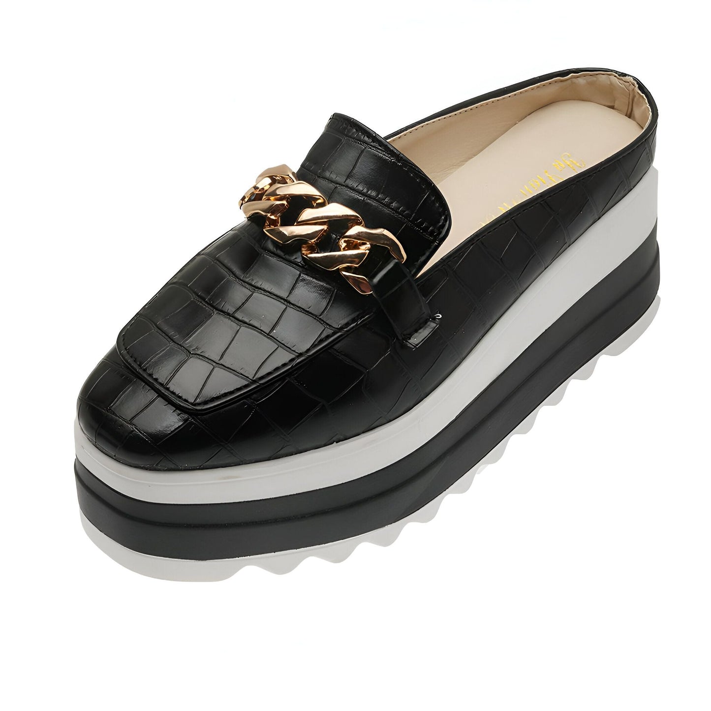 Mules compensées vegan Luxe - Croco & Chaîne dorée