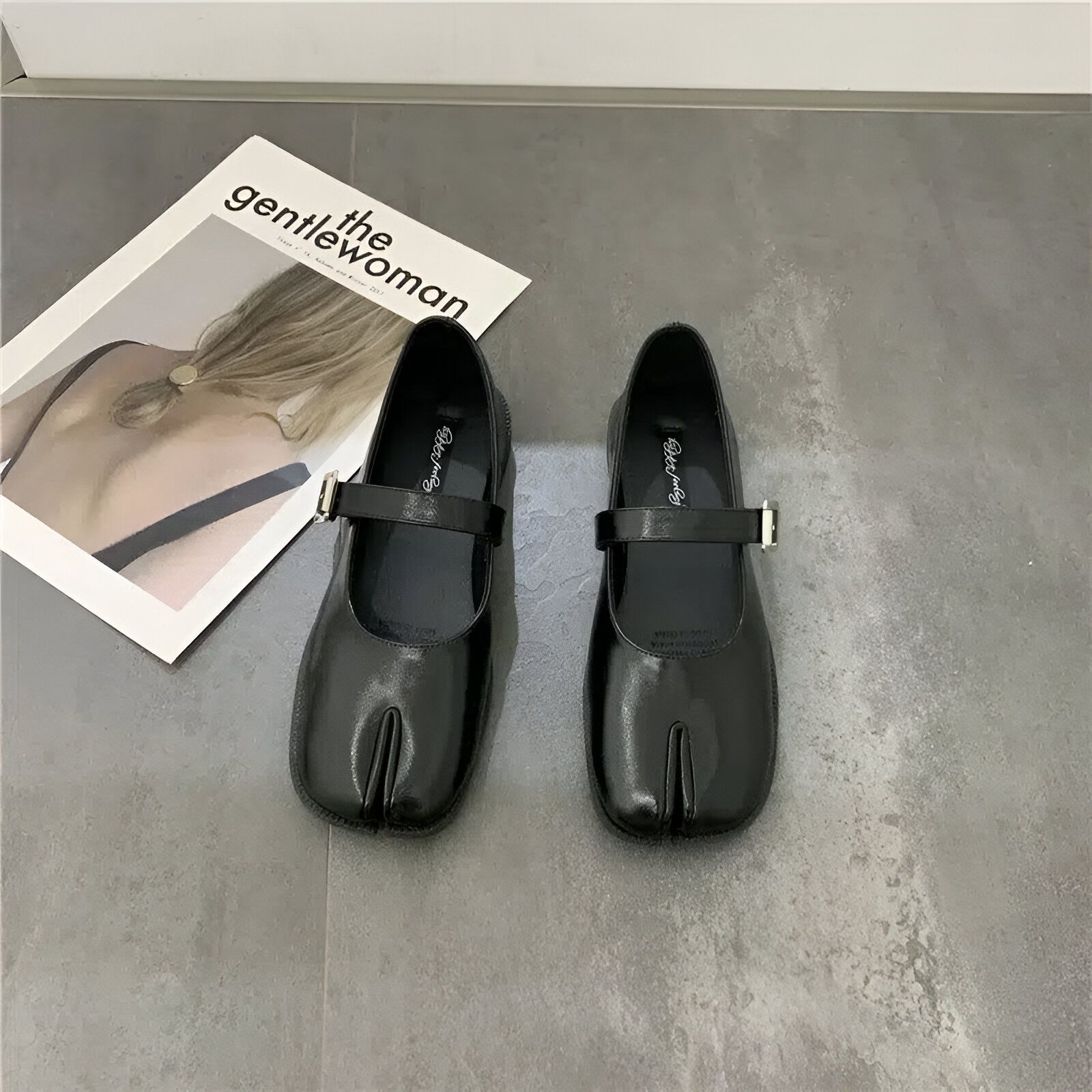Nova Ballerines Mary Jane Tabi Femme Noires Simili Cuir