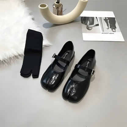 Nova Ballerines Mary Jane Tabi Femme Noires Simili Cuir