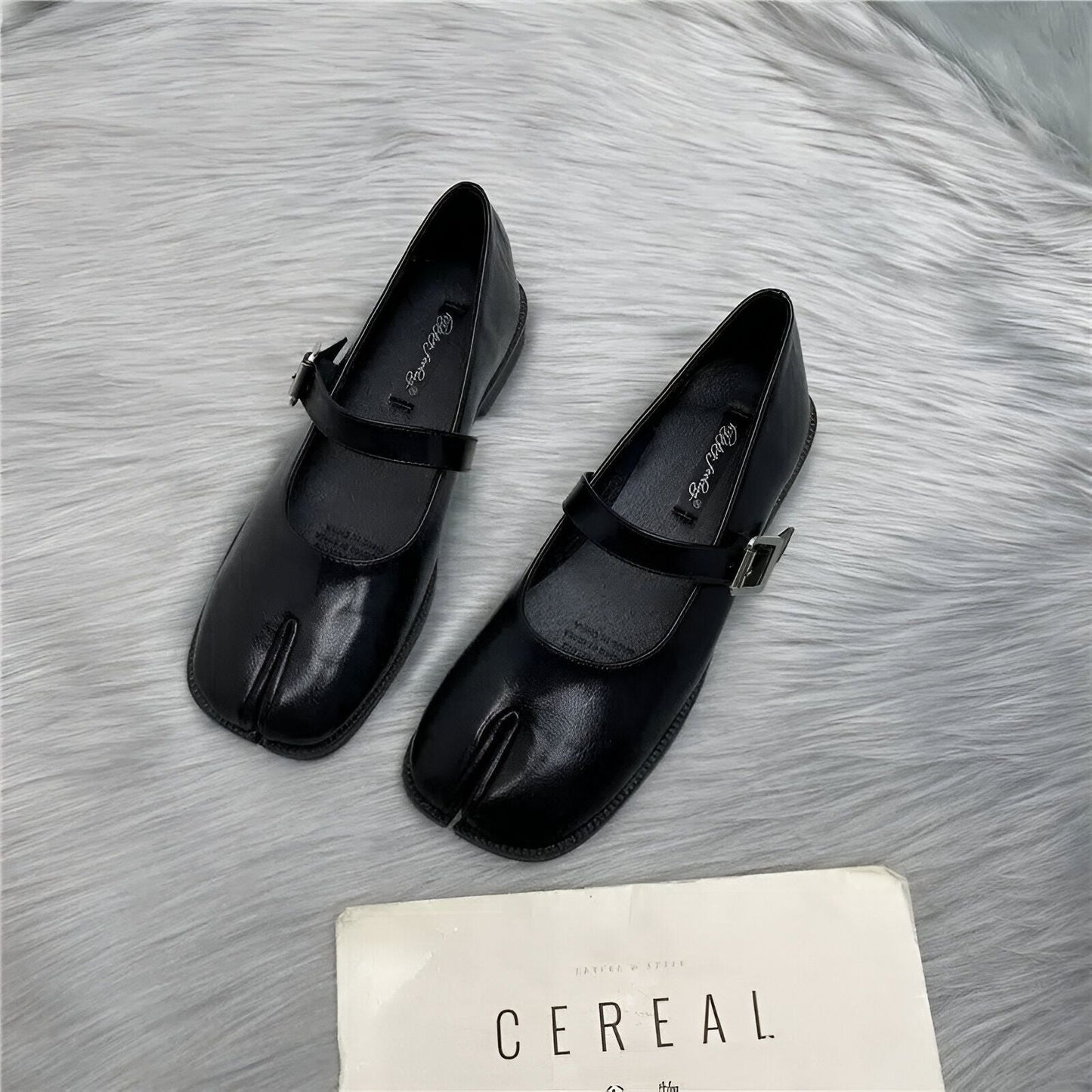 Nova Ballerines Mary Jane Tabi Femme Noires Simili Cuir