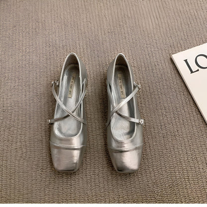 Élégance Ballerines Mocassins Vernis Argenté