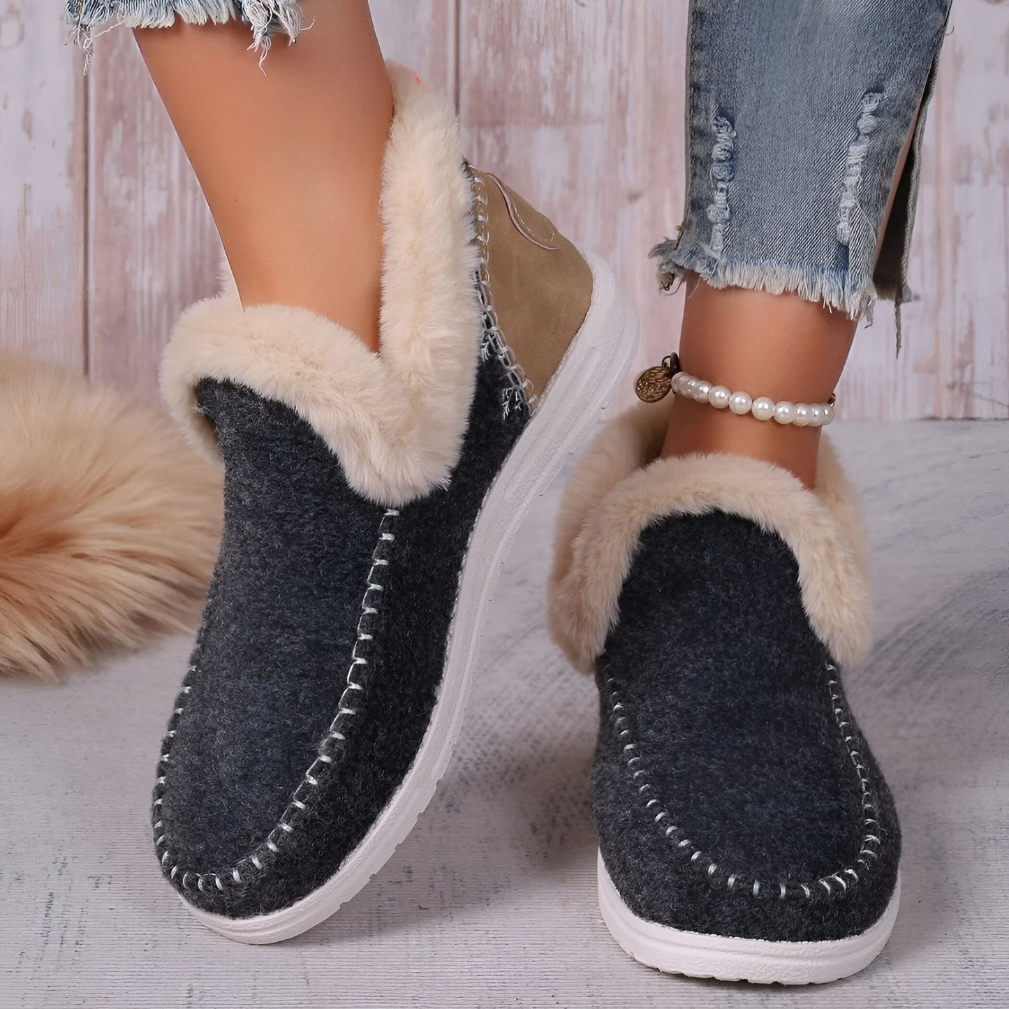 Luxe Chaussons Mocassins Femme Suédine Fausse Fourrure