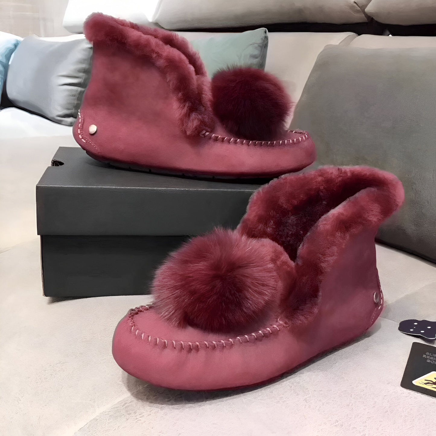 Nova Mocassins Fourrés Daim Pompon Hiver Confortables