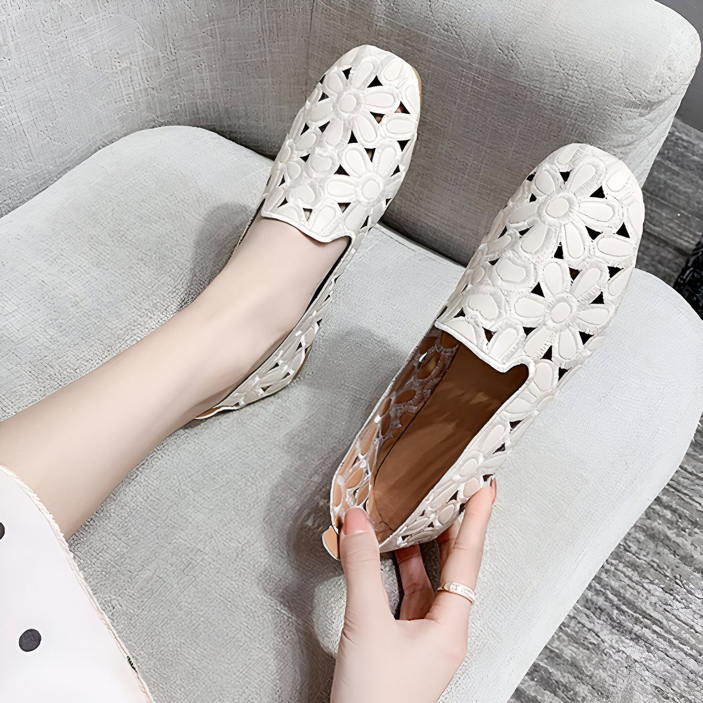 NovaLuxe Mocassins Femme Fleurs Cuir Végan Ajouré