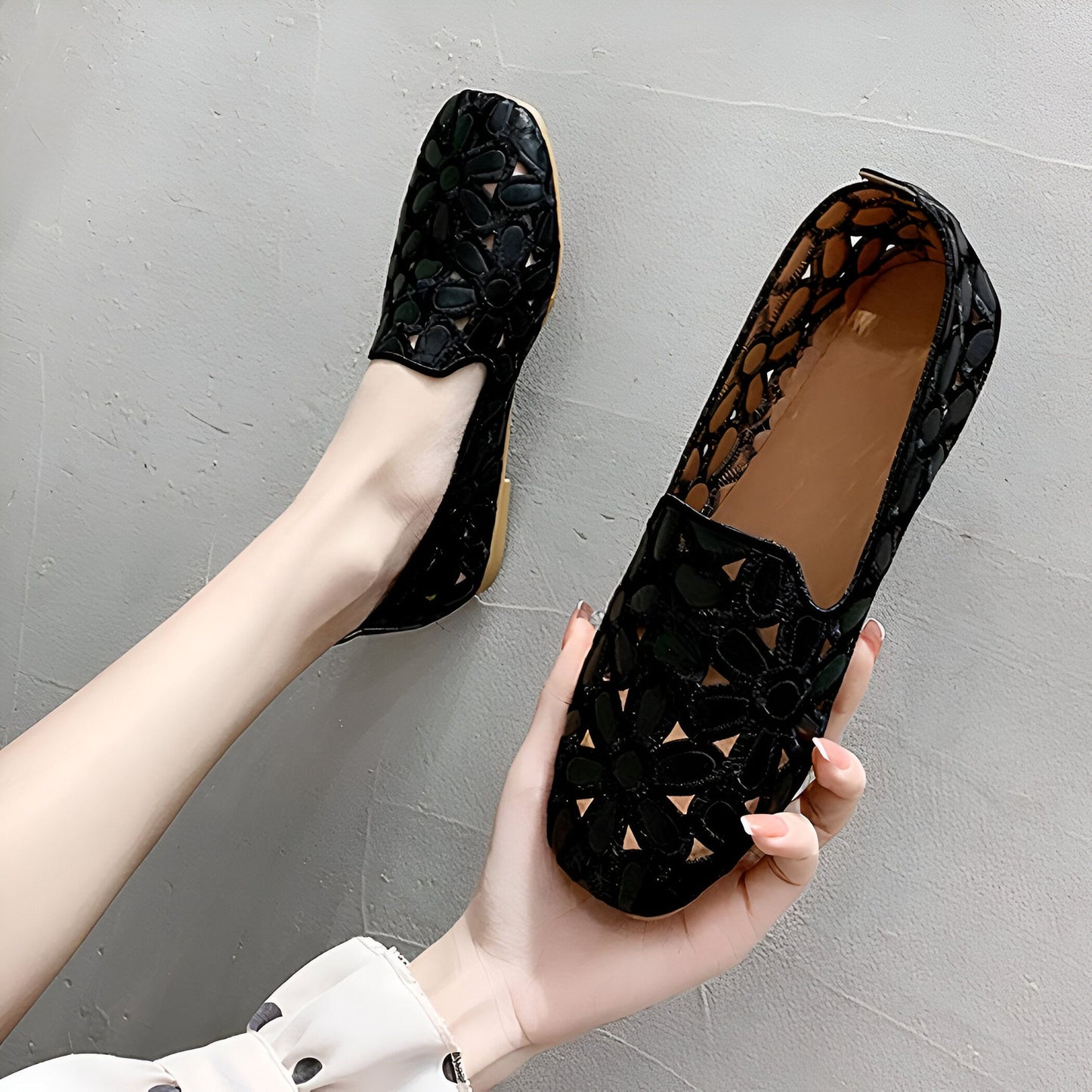 NovaLuxe Mocassins Femme Fleurs Cuir Végan Ajouré