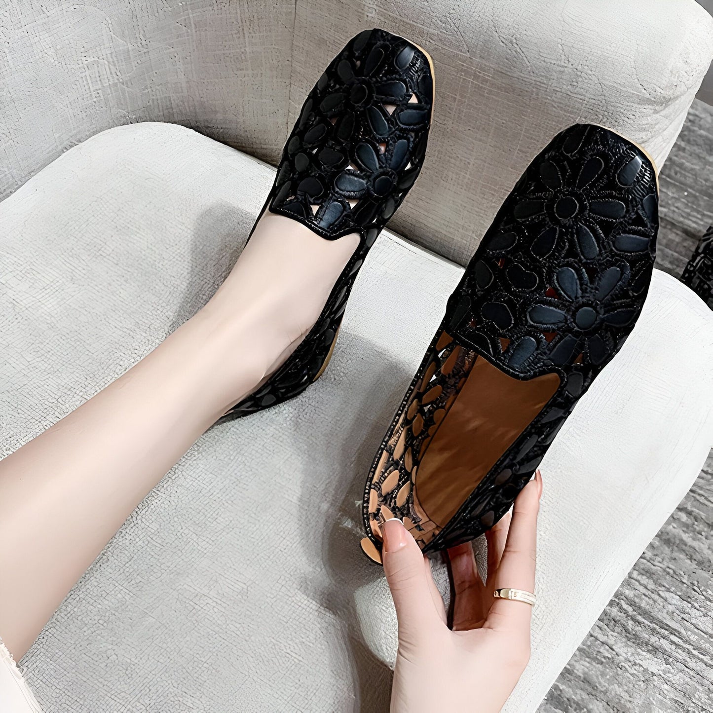 NovaLuxe Mocassins Femme Fleurs Cuir Végan Ajouré