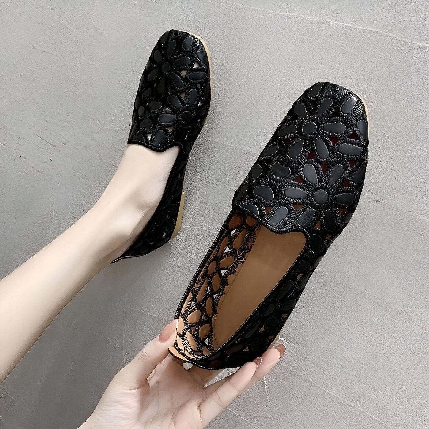NovaLuxe Mocassins Femme Fleurs Cuir Végan Ajouré