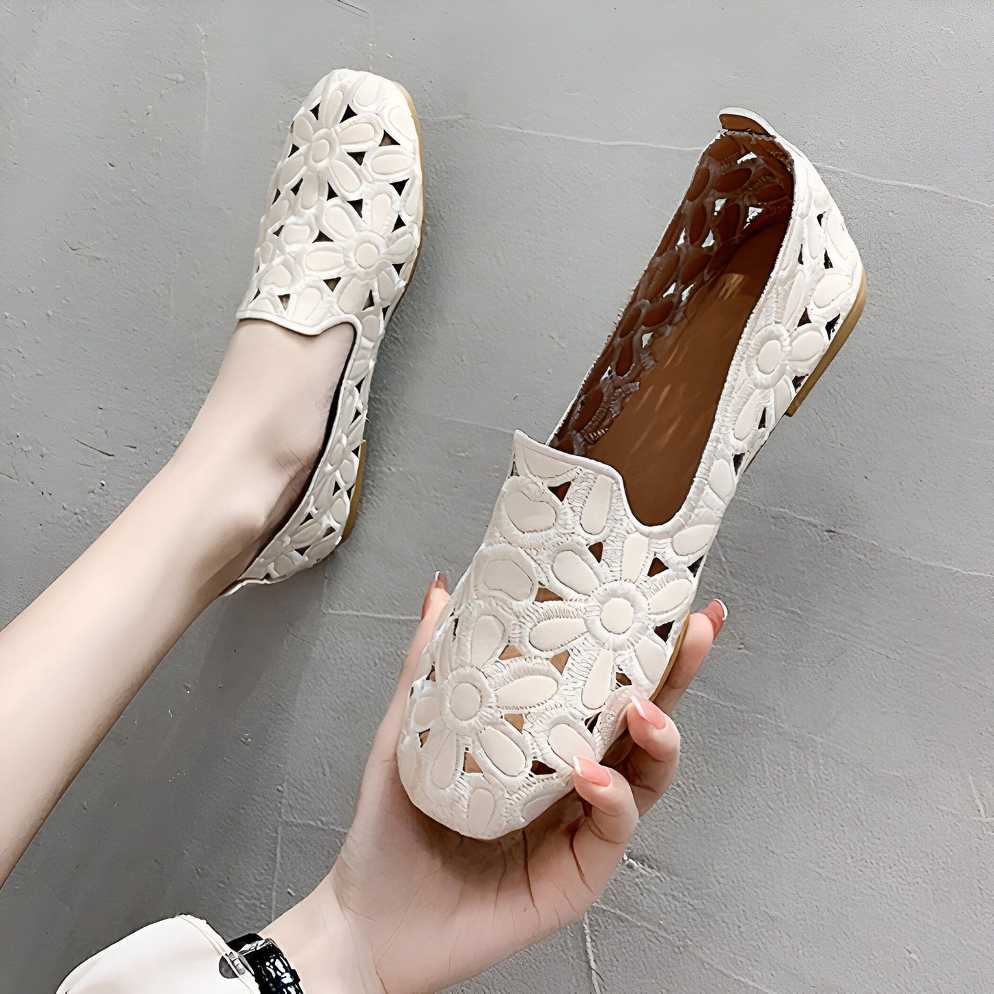 NovaLuxe Mocassins Femme Fleurs Cuir Végan Ajouré