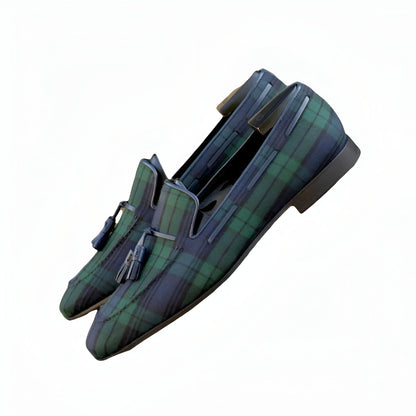 Élite Mocassins Homme Carreaux Bleu Vert à Glands