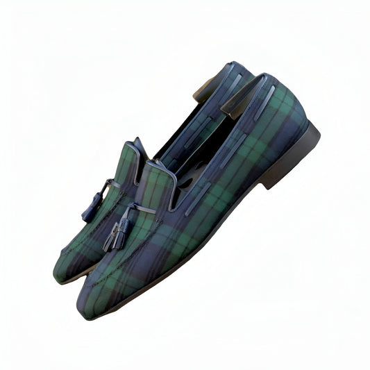 Élite Mocassins Homme Carreaux Bleu Vert à Glands