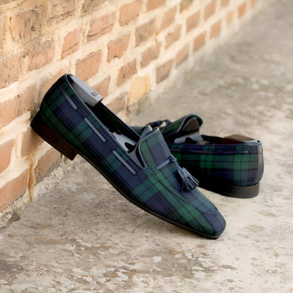 Élite Mocassins Homme Carreaux Bleu Vert à Glands