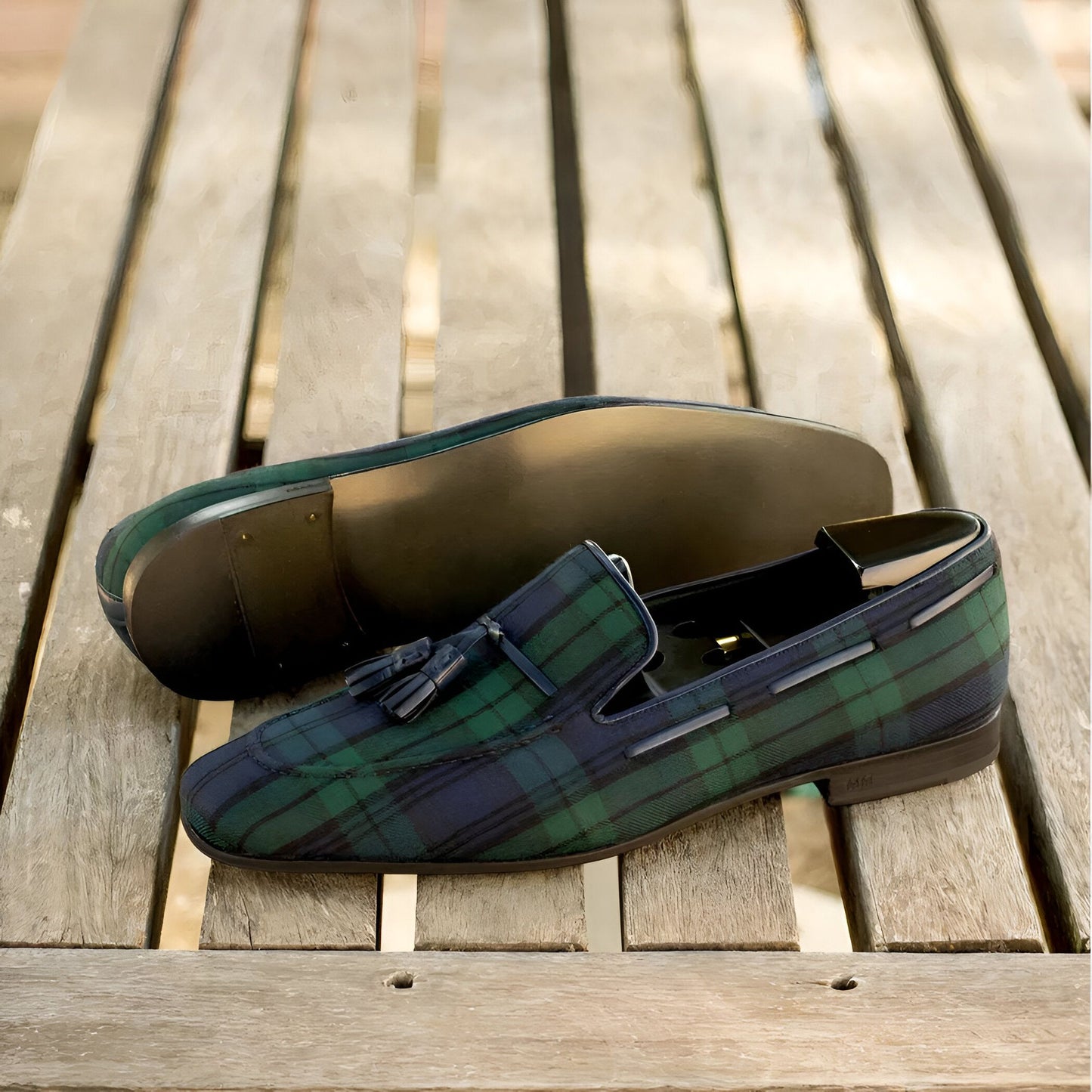 Élite Mocassins Homme Carreaux Bleu Vert à Glands