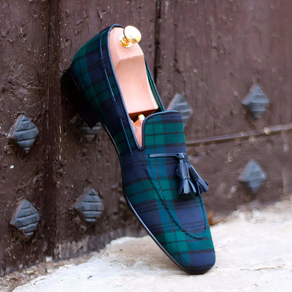 Élite Mocassins Homme Carreaux Bleu Vert à Glands