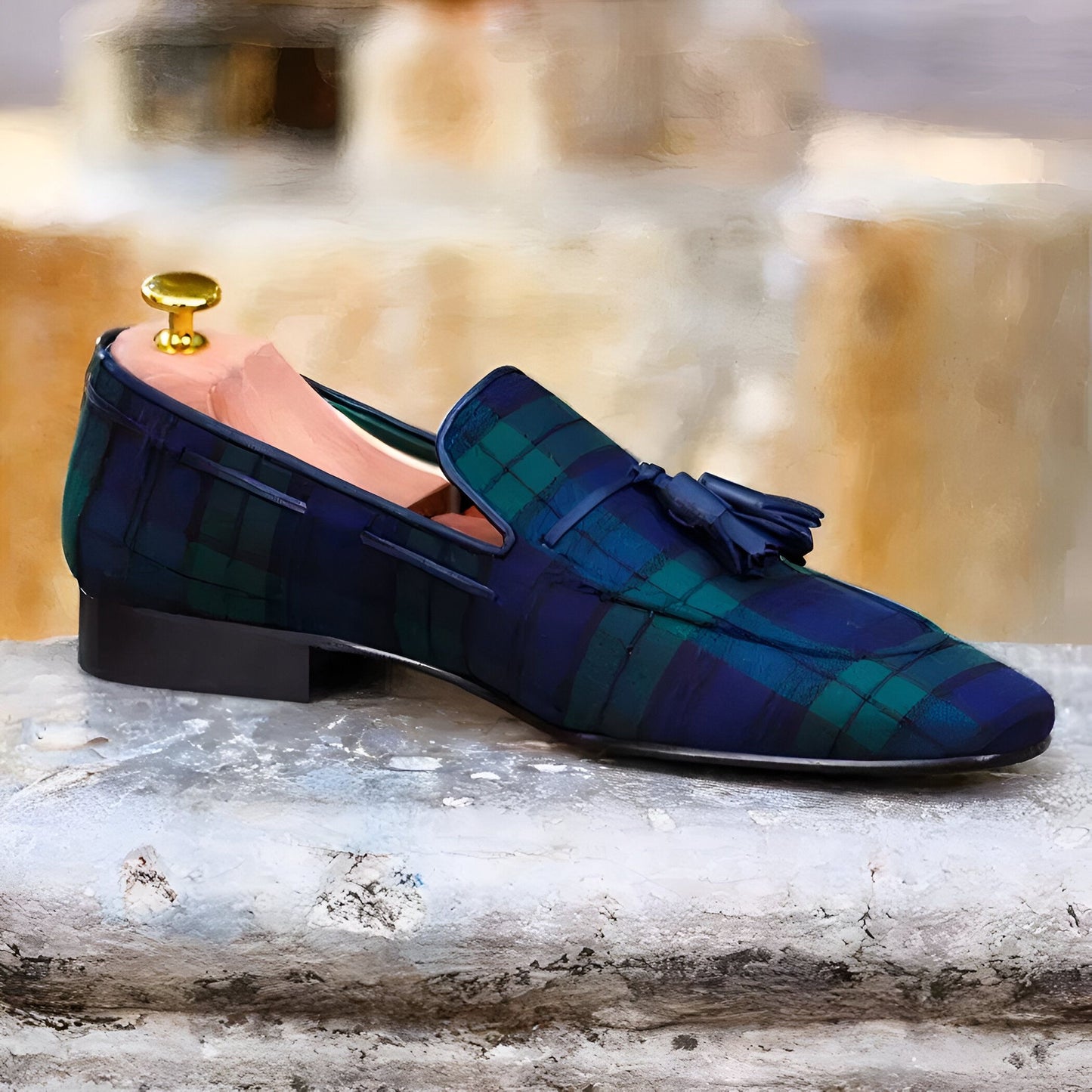Élite Mocassins Homme Carreaux Bleu Vert à Glands