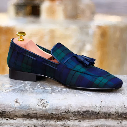 Élite Mocassins Homme Carreaux Bleu Vert à Glands