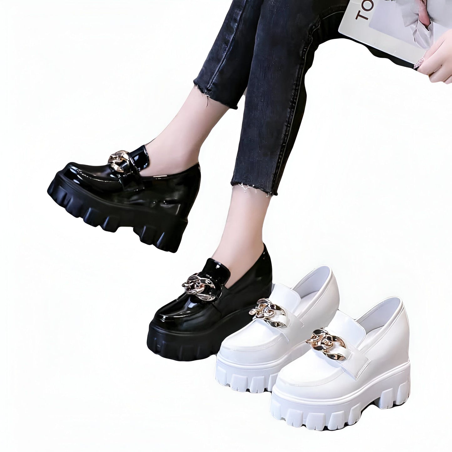 Mocassins plateforme femme simili cuir - chaîne dorée