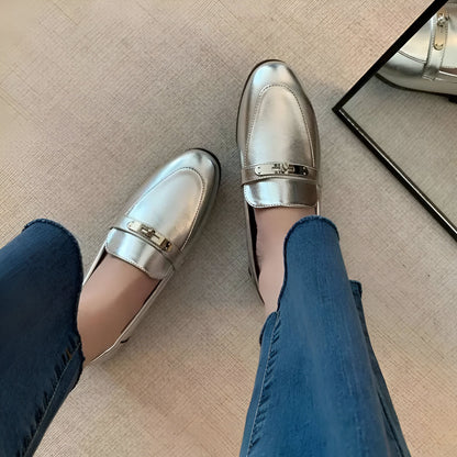 LuxStep Mocassins femme argentés talon carré