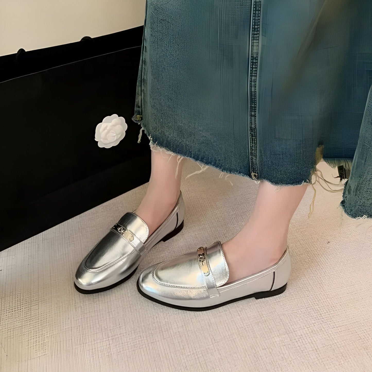 LuxStep Mocassins femme argentés talon carré