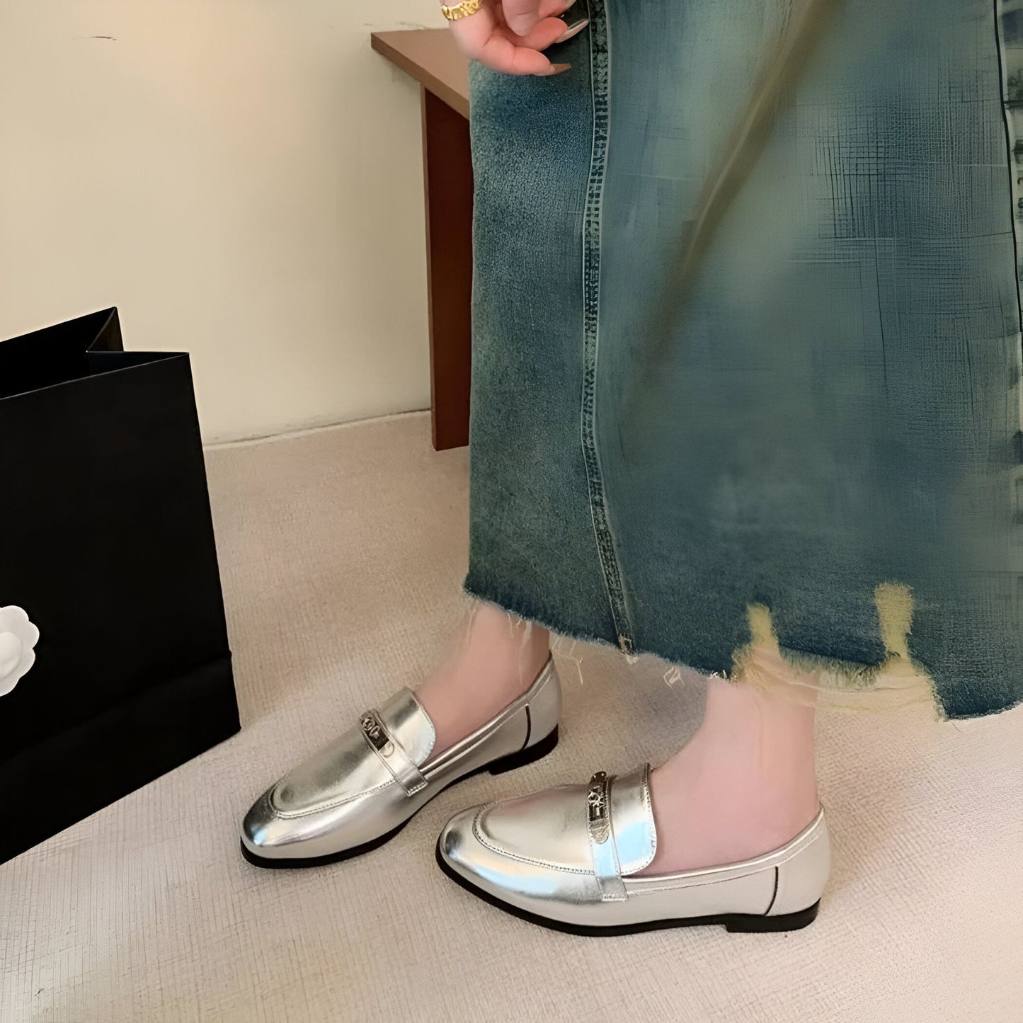 LuxStep Mocassins femme argentés talon carré
