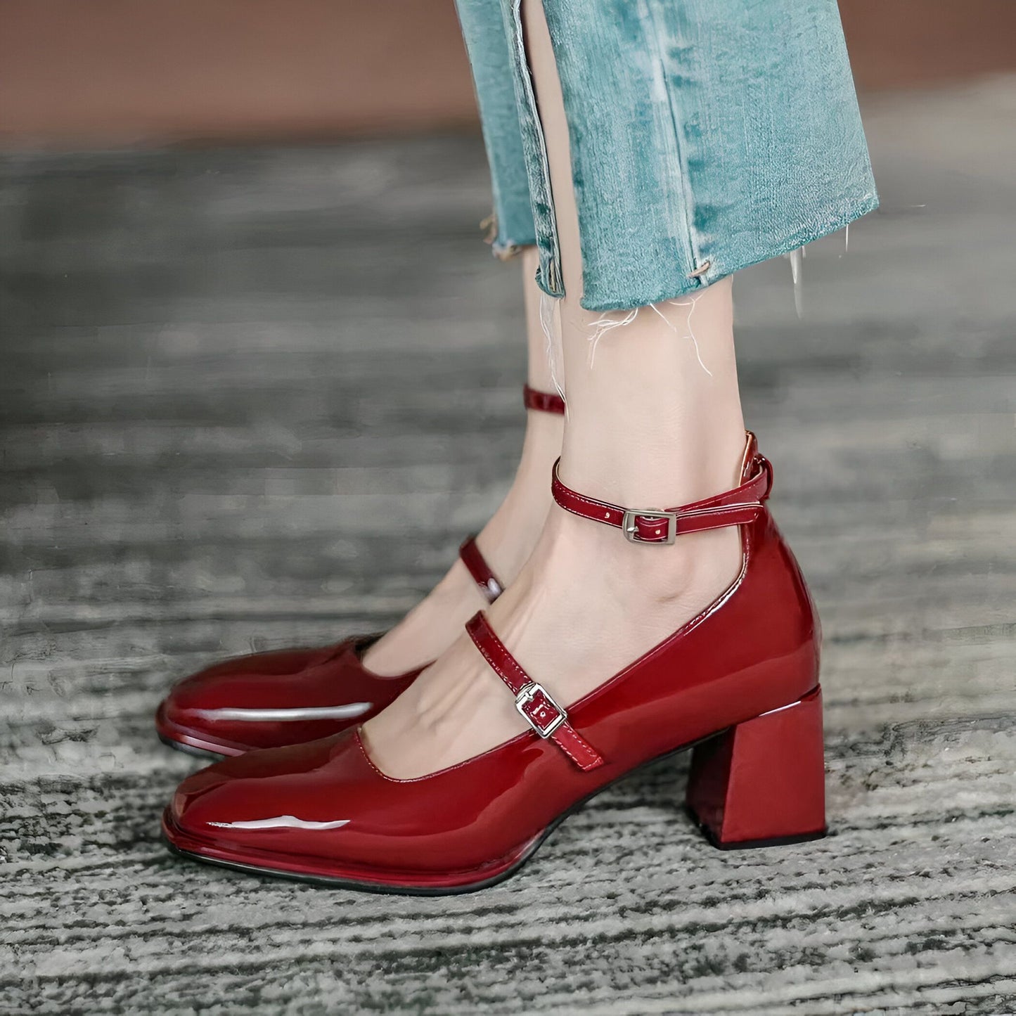 Mocassins Ballerines Mary-Jane Talon Carré Vernis Femme
