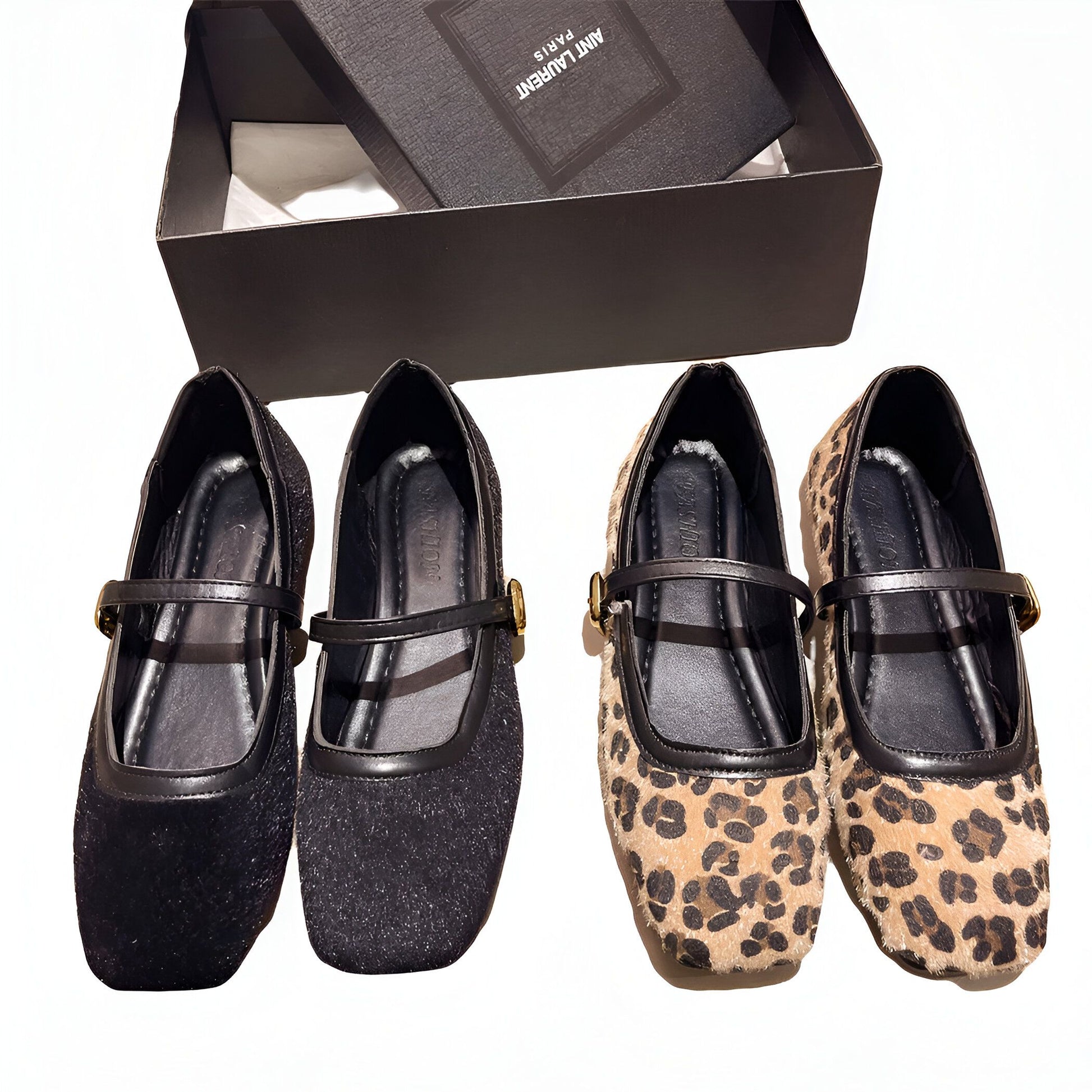BrandX Mocassins Ballerines Femme Boucle Noir ou Léopard