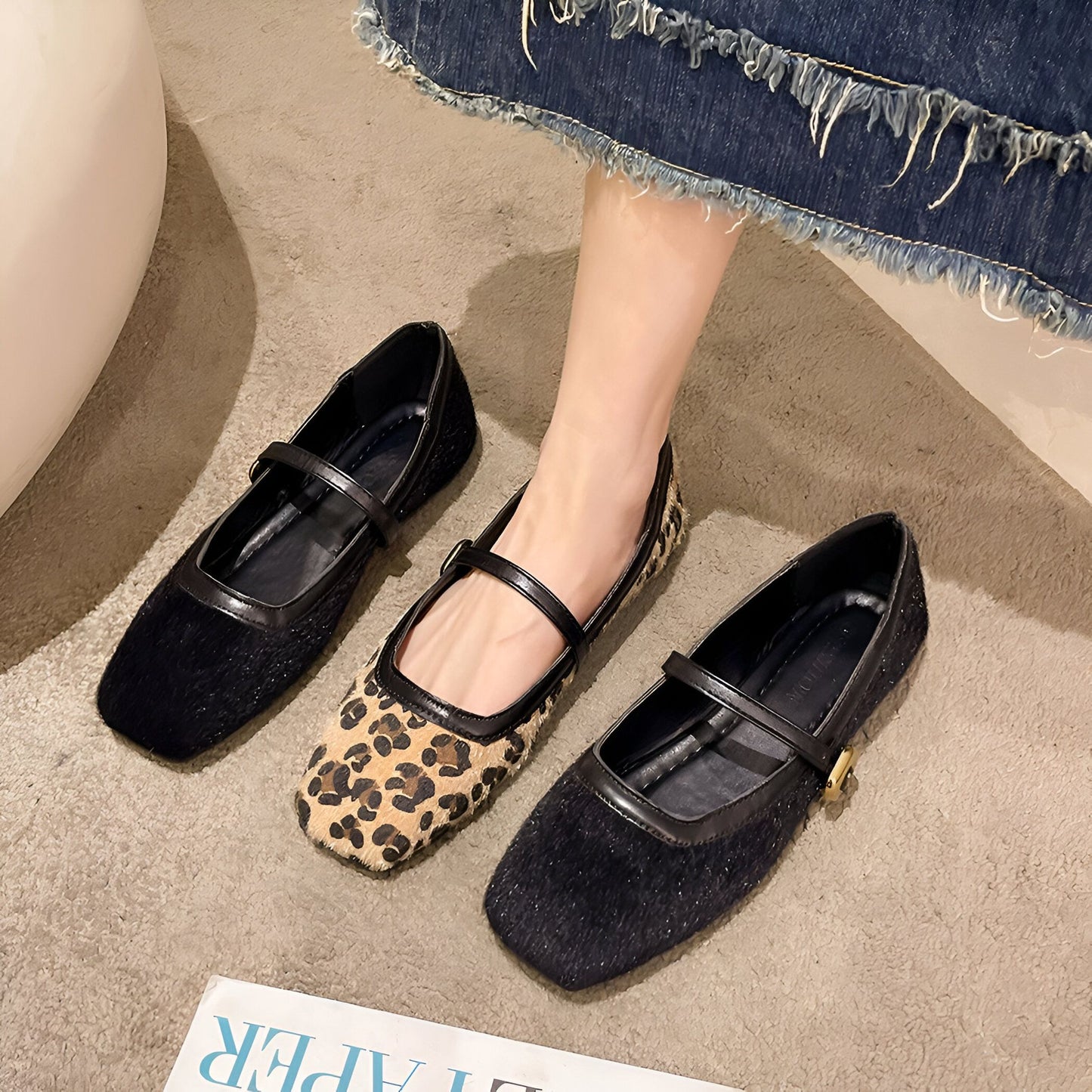 BrandX Mocassins Ballerines Femme Boucle Noir ou Léopard