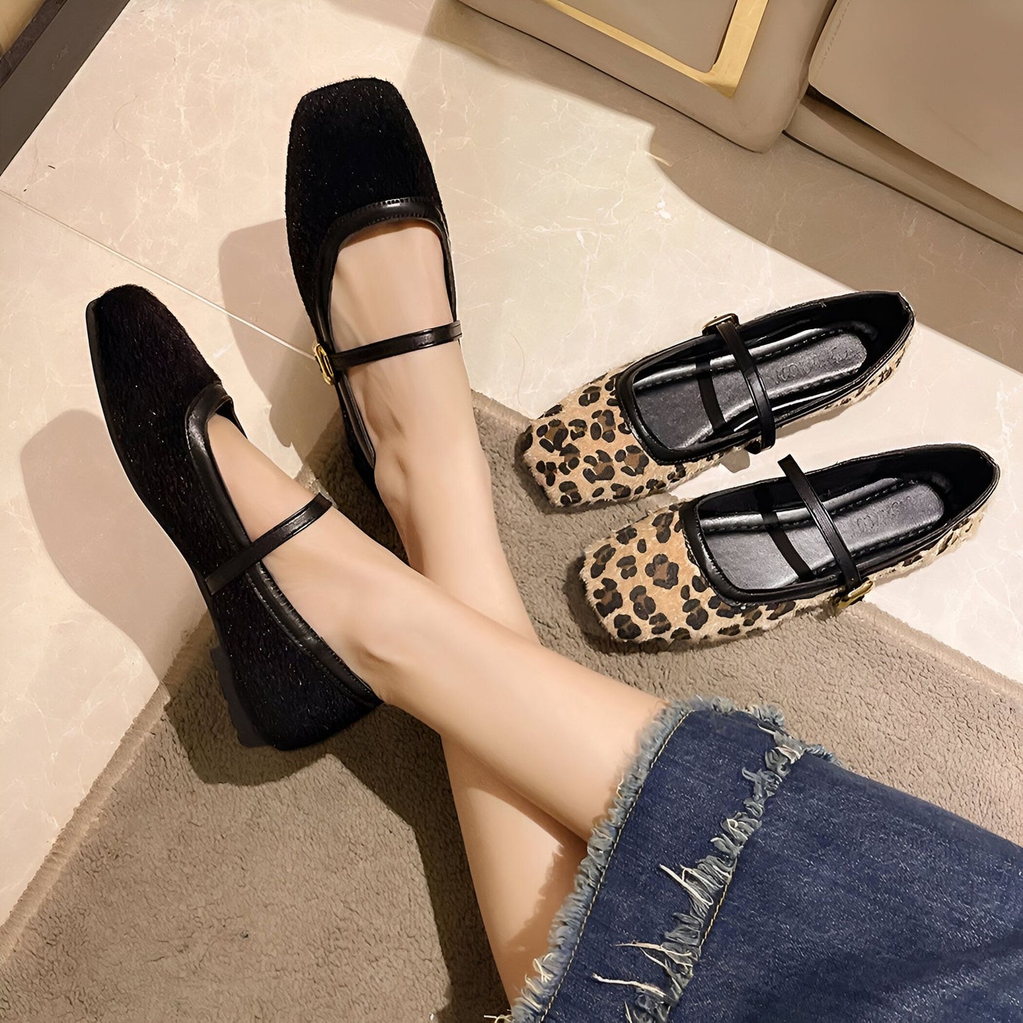 BrandX Mocassins Ballerines Femme Boucle Noir ou Léopard