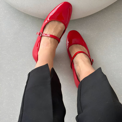 Luxe Mocassins Ballerines Vernis Noir/Rouge