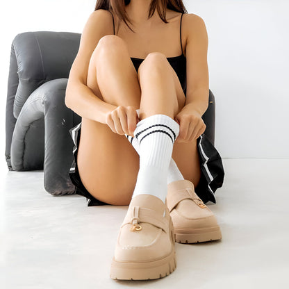 Luxe Mocassins Beiges Femme Glands Semelle Épaisse