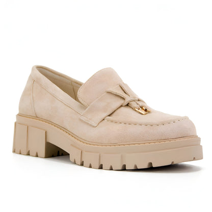 Luxe Mocassins Beiges Femme Glands Semelle Épaisse