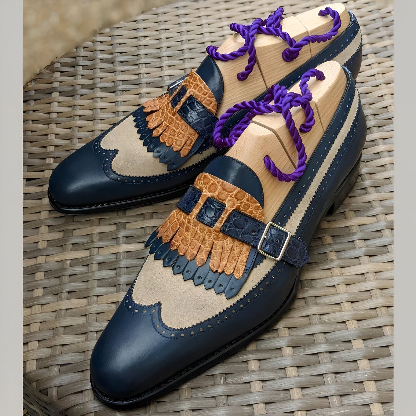 Nova Mocassins Bicolores Franges Boucle Homme Rétro