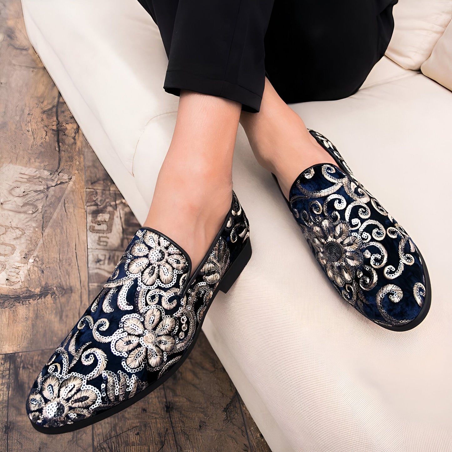 Mocassins Pro Cérémonie Velours Brodés Fleurs & Sequins
