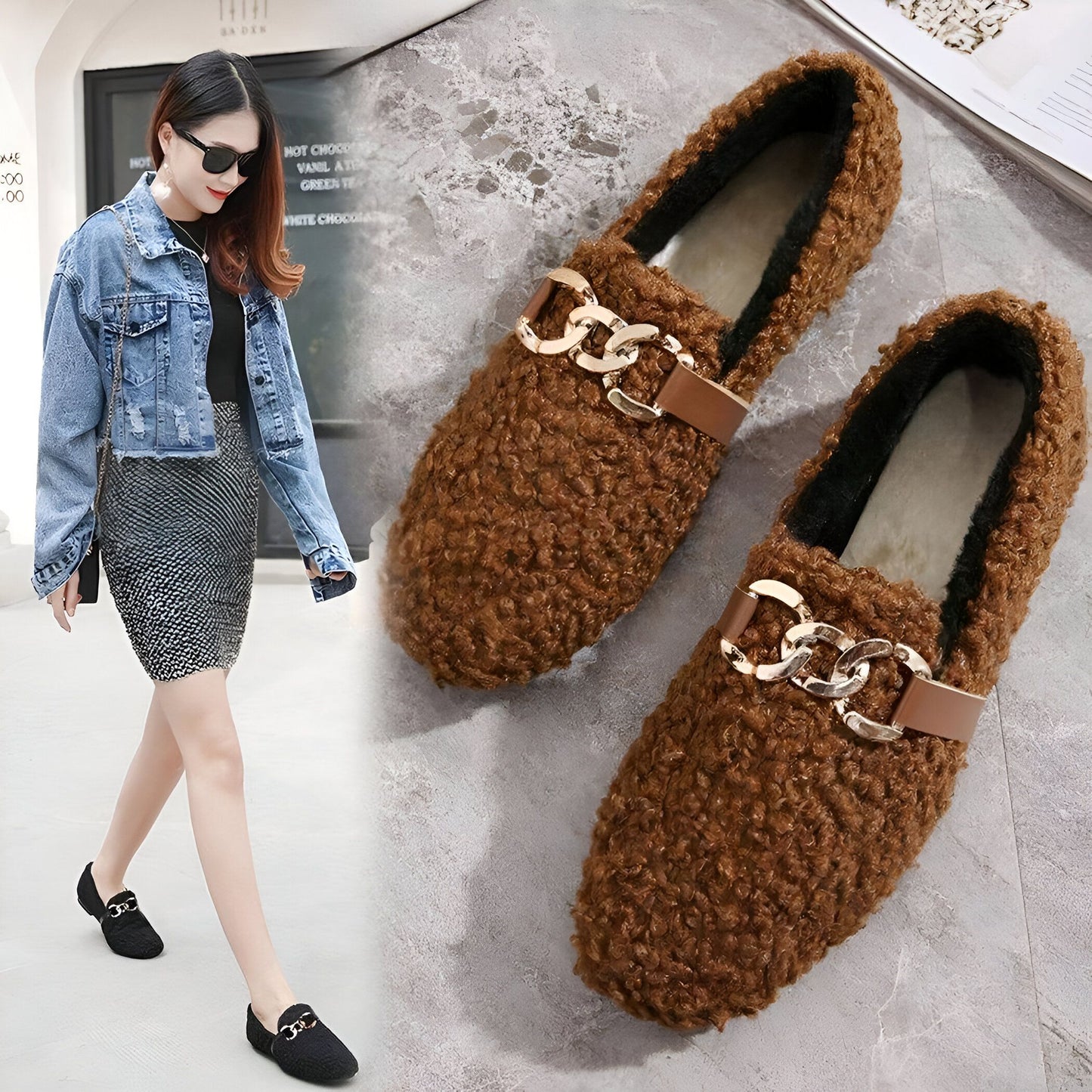 ChicStep Mocassins doux femme effet fourrure souples