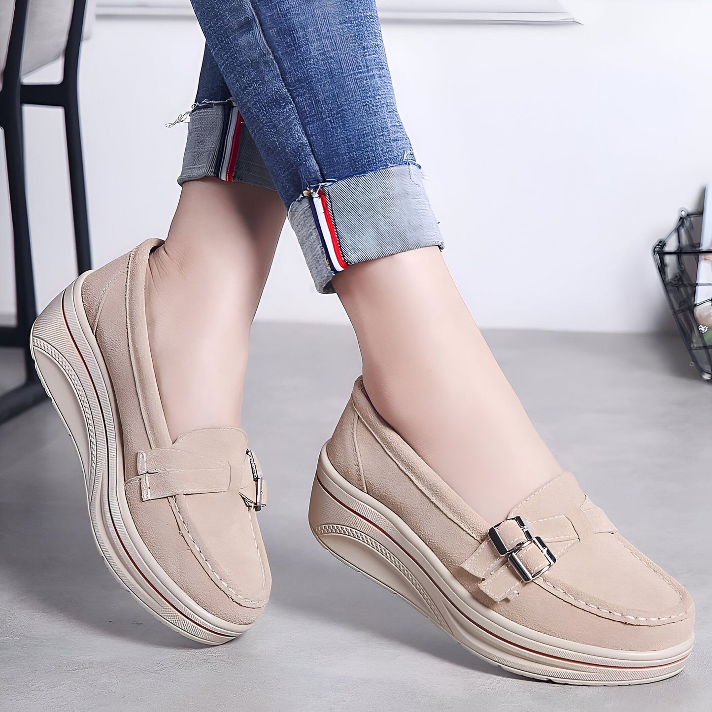 Nova Mocassins Femme Compensés Simili Cuir Beige
