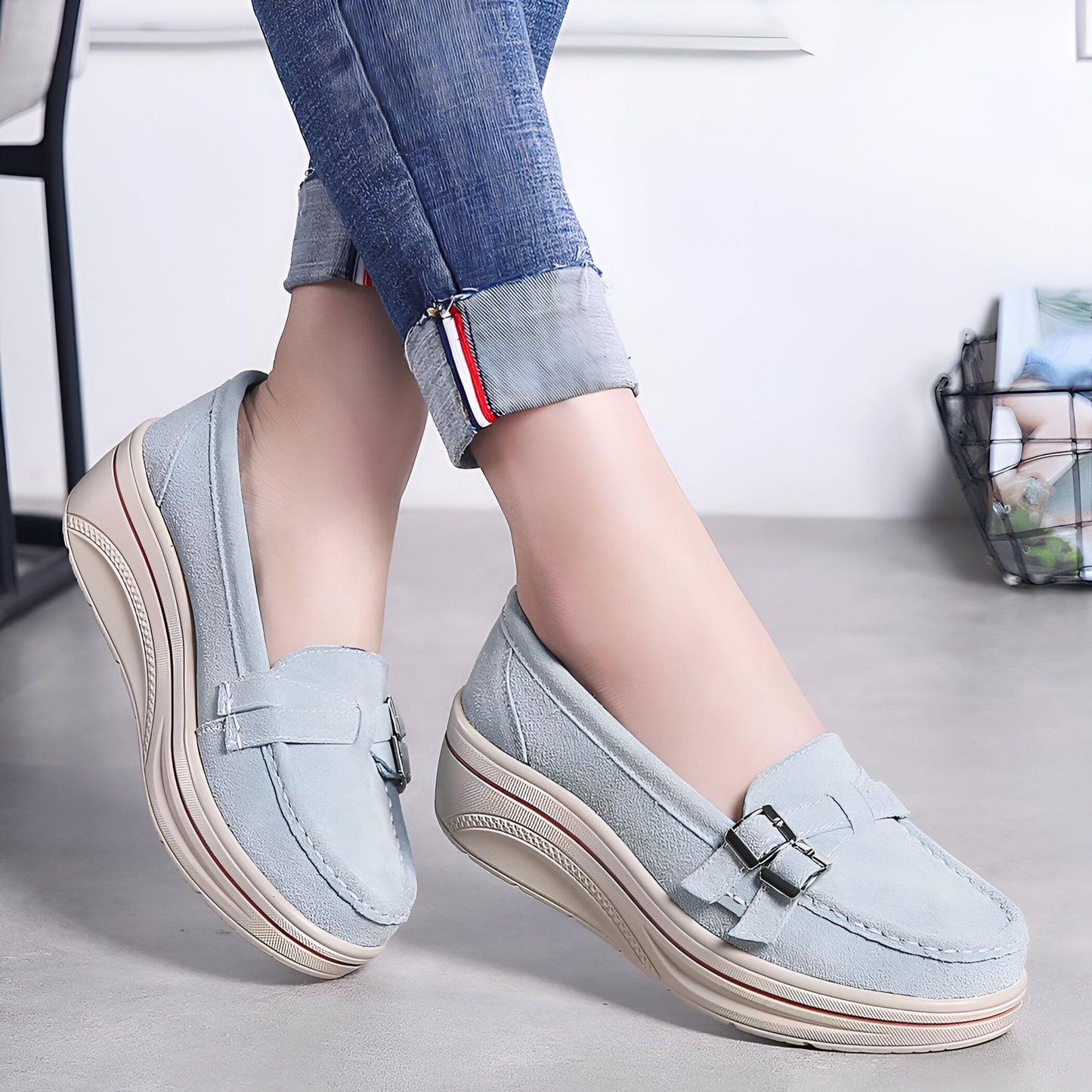 Nova Mocassins Femme Compensés Simili Cuir Beige