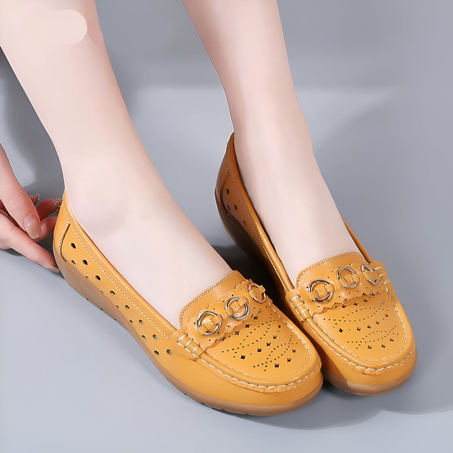 LuxeCuir Mocassins compensés cuir femme boucles dorées