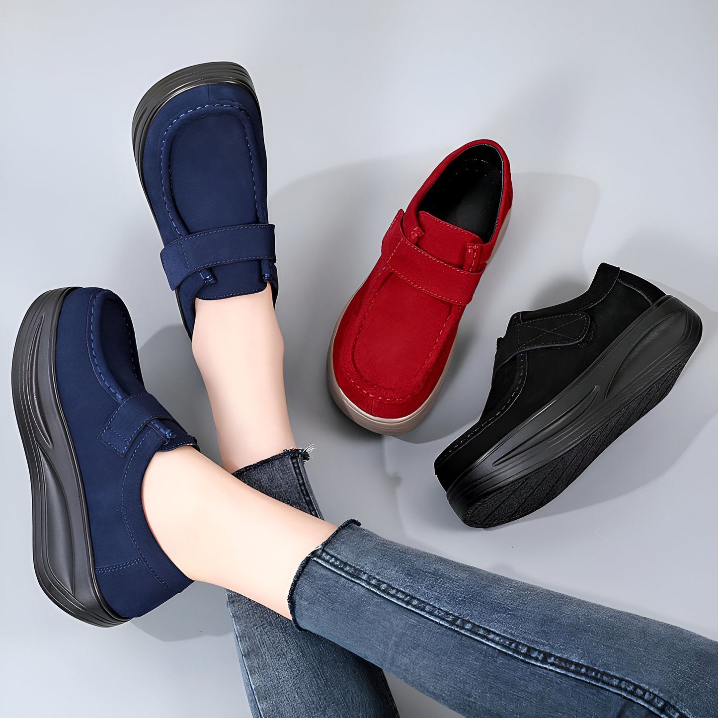 Luxe Mocassins Compensés Daim Végan Velcro Femme