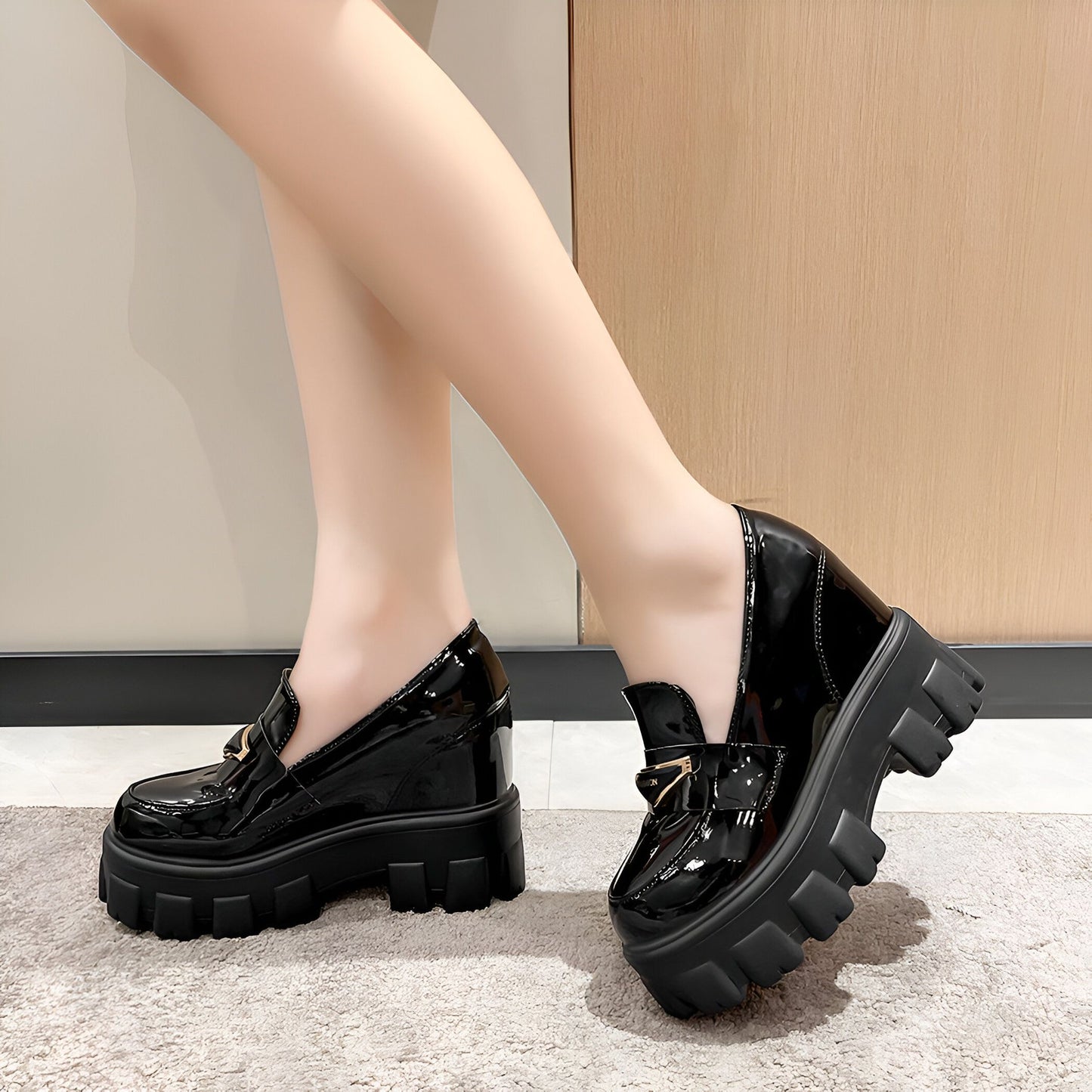 ModeLux Mocassins Compensés Cuir Verni Femme Confort