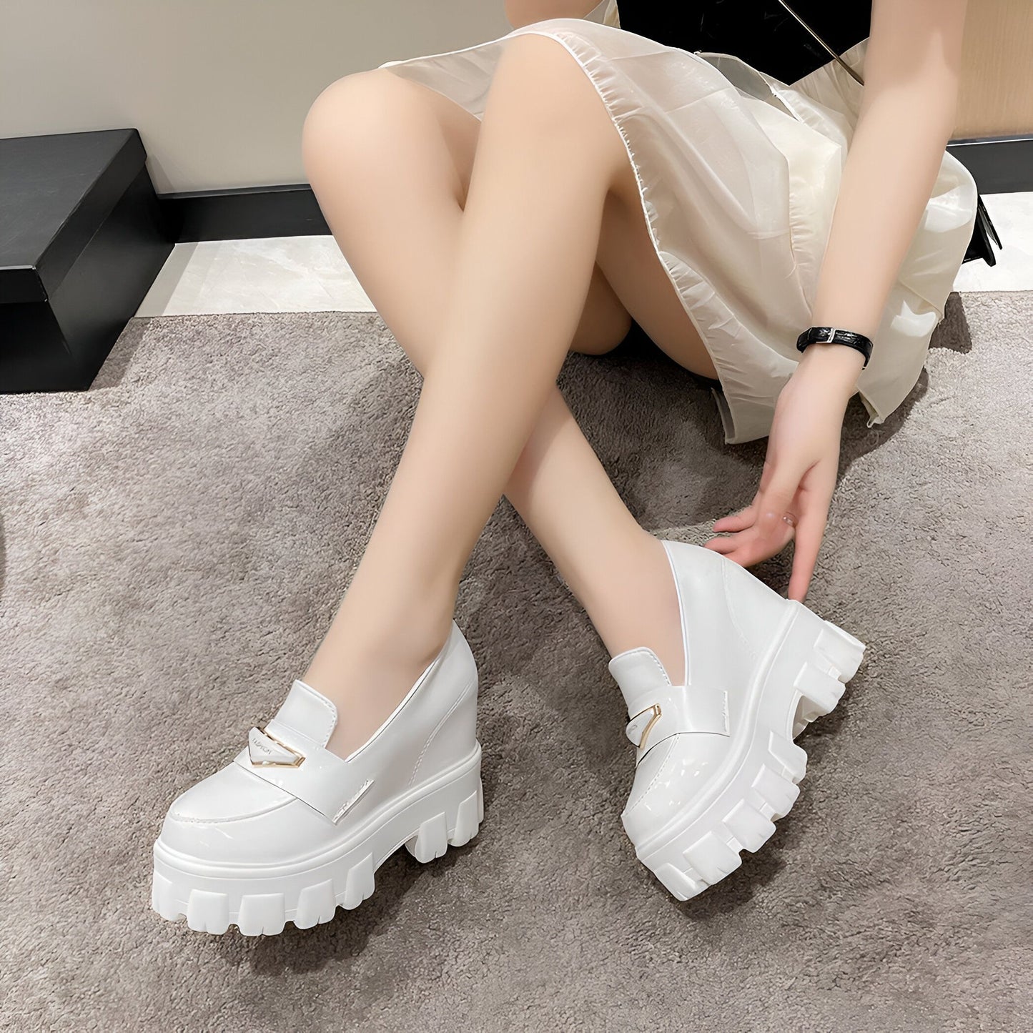 ModeLux Mocassins Compensés Cuir Verni Femme Confort