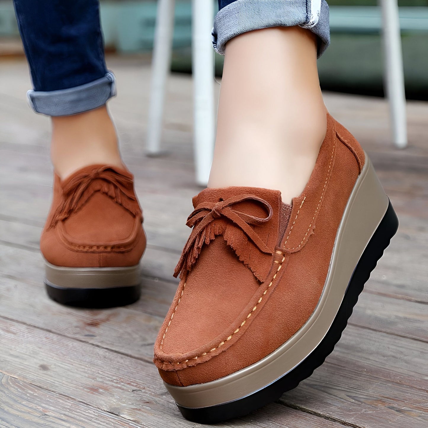 BrandNova Mocassins Compensés Suédine Femme à Franges