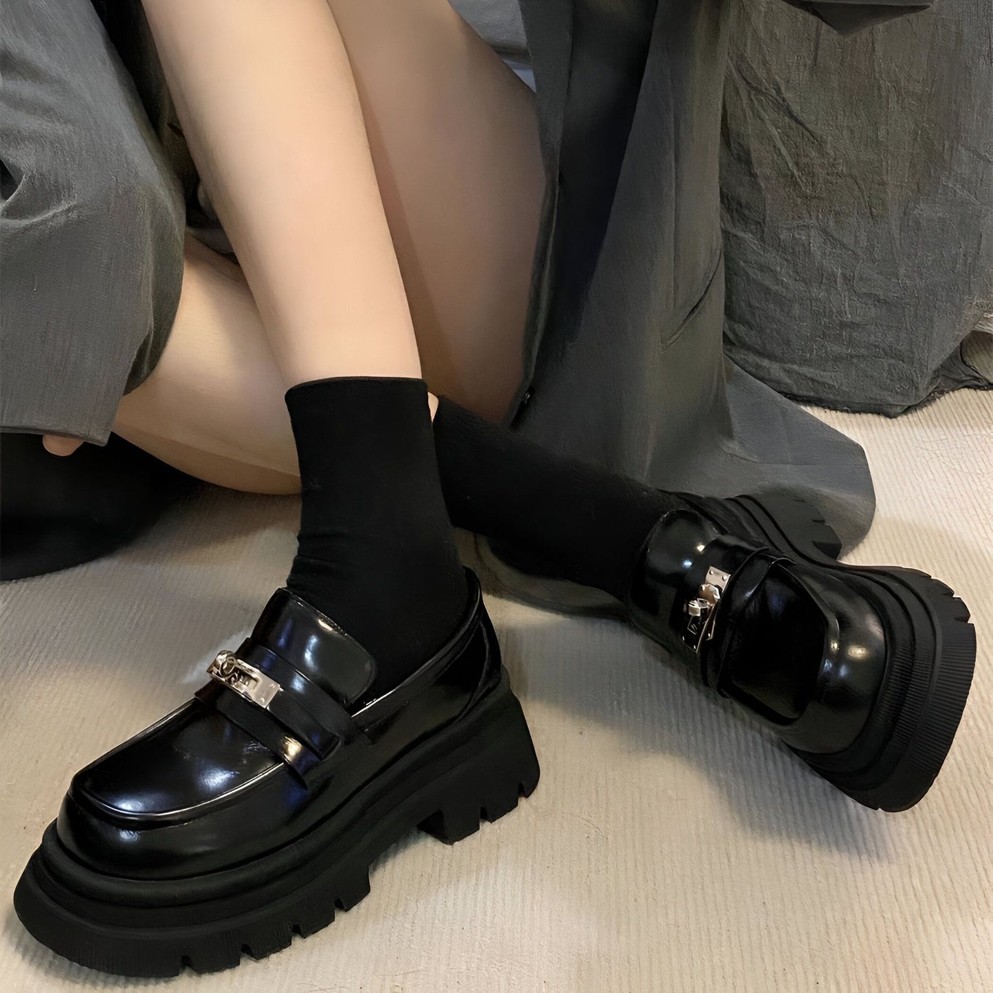 NovaCuir Mocassins Cuir Noir Semelle Épaisse Femme