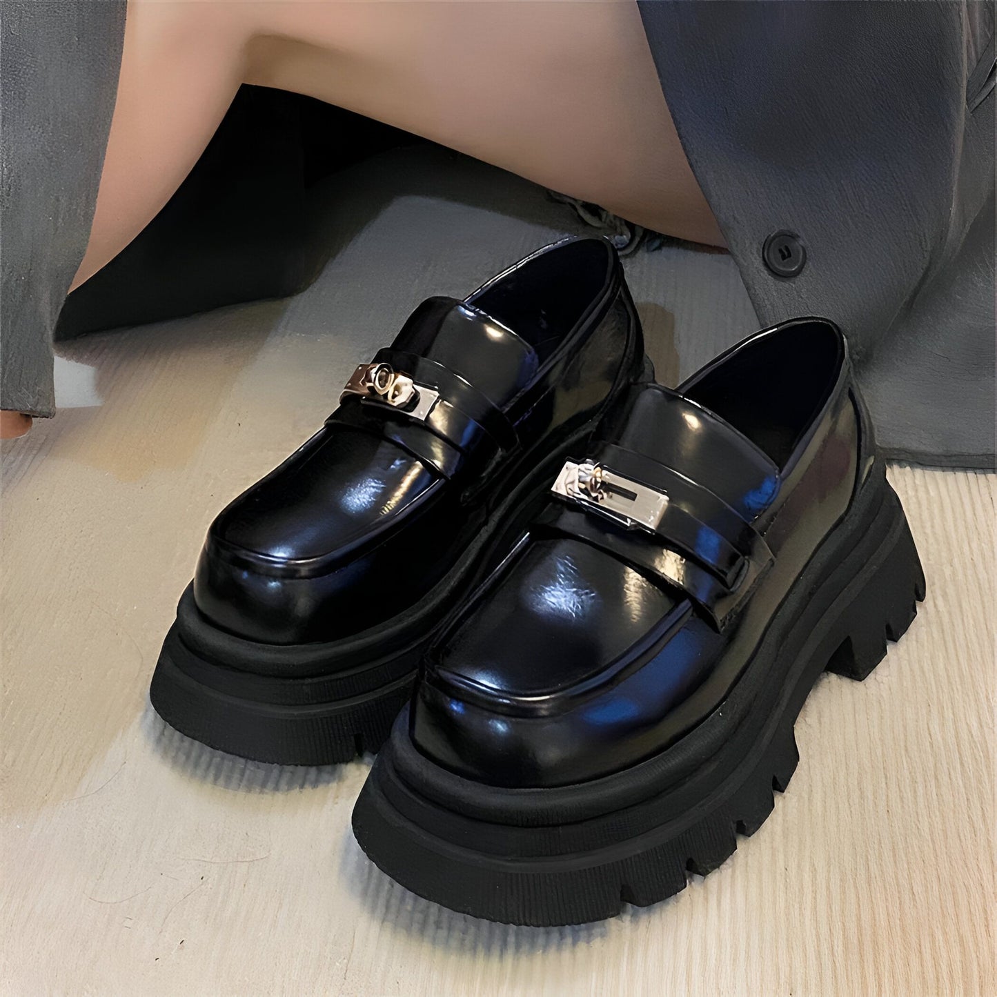 NovaCuir Mocassins Cuir Noir Semelle Épaisse Femme